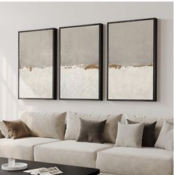 Large Framed Neutral Abstract Wall Art for Living Room, 3 Piece Modern Canvas Prints Paintings Artwork for Walls, Minimalist Beige Abstract Horizon Pi