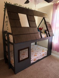 Gray Twin over twin bunk beds with roof