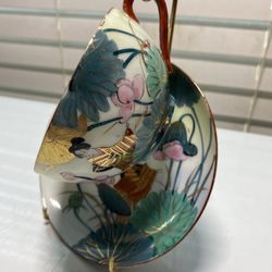 Antique Japanese Kutani Egg Shell Porcelain Hand Painted Cup and Saucer set of 2