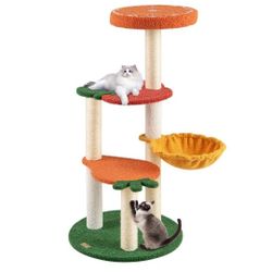 Fruit-Themed Cat Tree Tower – 4 Levels + Basket Bed – Sisal Scratch Posts – Cute Orange & Apple