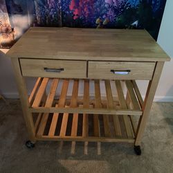 Worth $200 New Wooden Kitchen Cart Bakers Rack Or Workstation On Wheels With 2 Drawers and Shelves