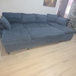 Blue chenille sectional w/storage & convertible bed