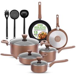 NutriChef 13-Piece Nonstick Cookware Set with Lids and Utensils - Stylish Brown