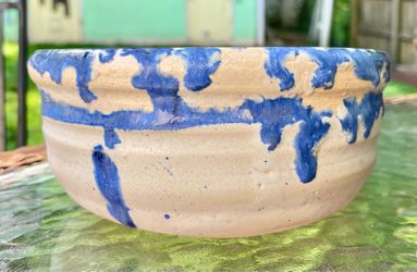 Vintage - Style Signed Studio Art Pottery Bowl - Blue and White Drip Glaze Ceramic Dish