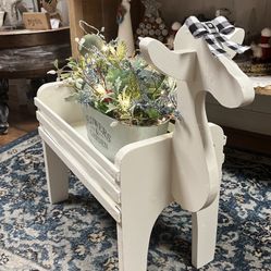 Hand painted White Wooden Light Up Reindeer w/ floral arrangement 