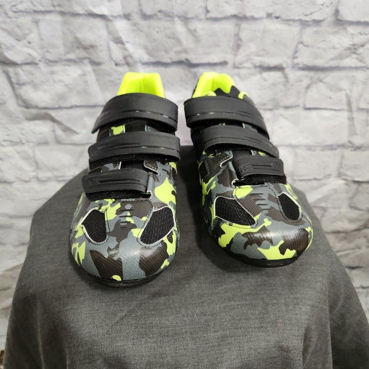 Camouflage Pattern Cycling Shoes With Velcro Straps & Neon Green Accents Mens 13/14.5
