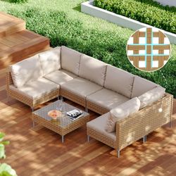 7-Piece Wicker Patio Furniture Set, Outdoor Sectional Conversation Sofa Couch Set with Beige Cushions Thickened Water Resistant Cushions and Glass Tab