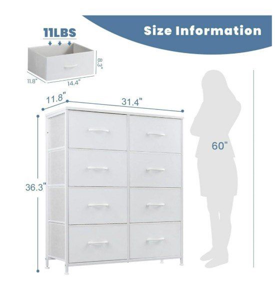 White 8 Drawers Dresser Bedroom Chest Organizer Storage Tower with Fabric Bins