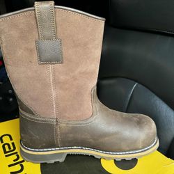 This is a men's Carhartt Traditional Welt Waterproof 10" Nano Toe Wellington work boot, model CMP1453, in brown oiled leather and suede. 