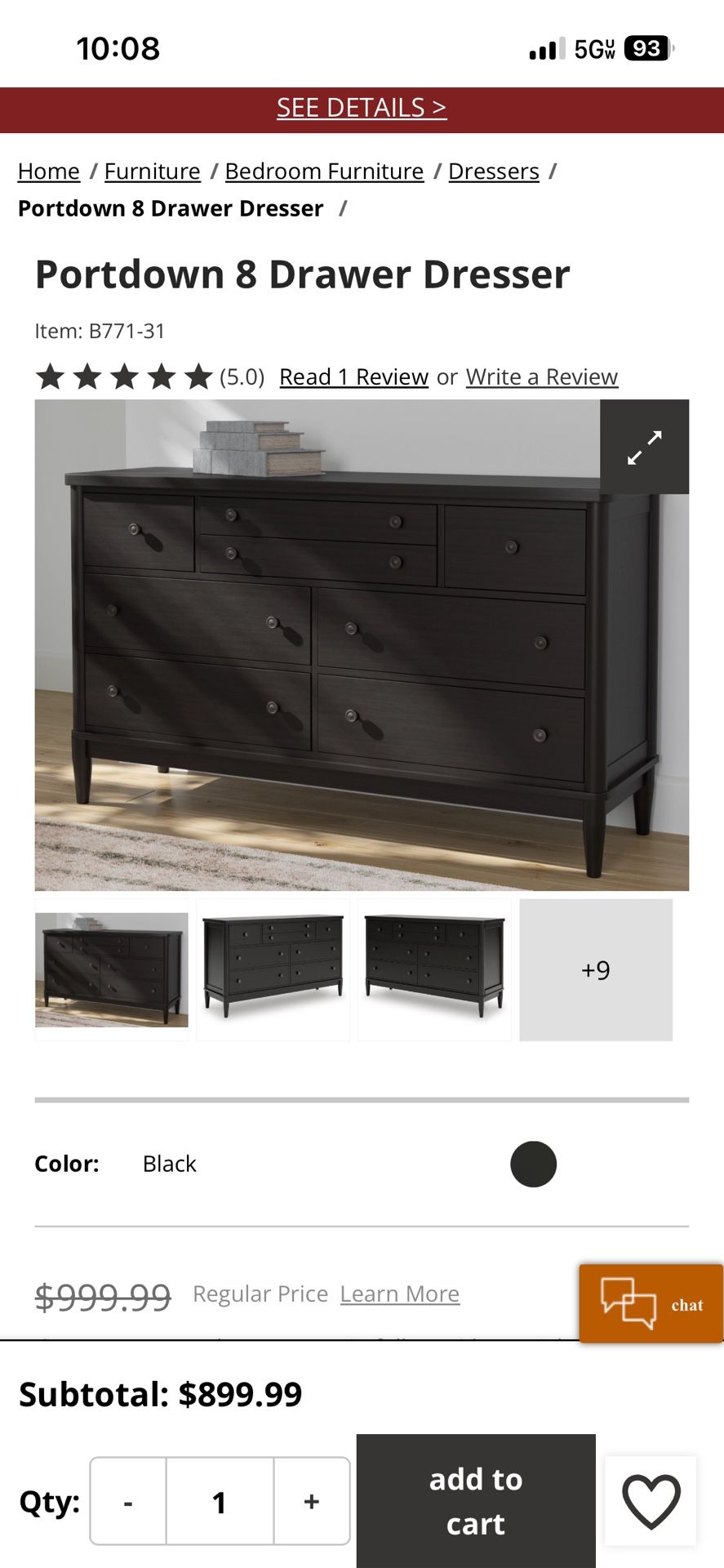 $300 Ashley Portdown 8 Drawer Dresser w/ Mirror and End Table