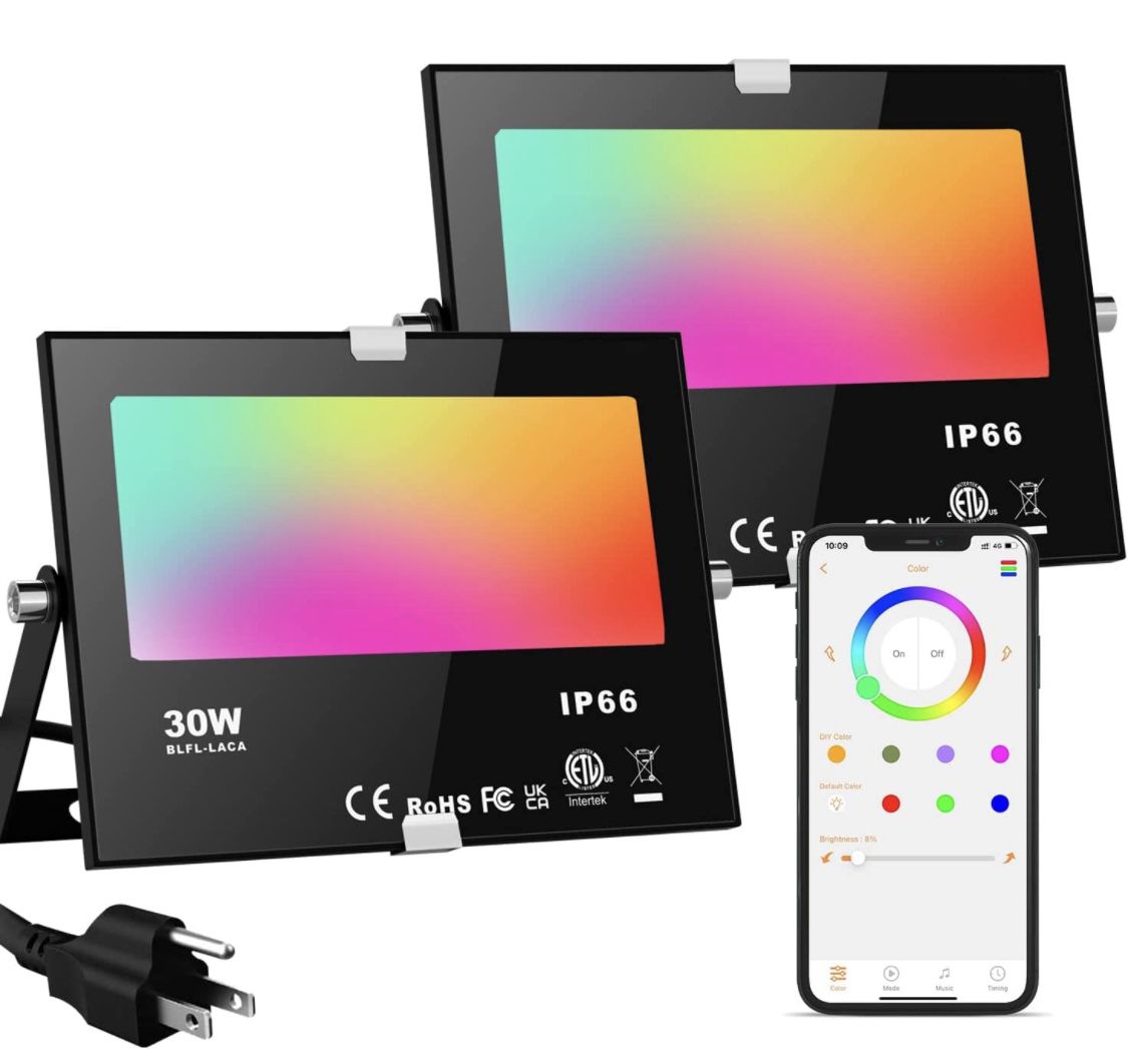 LED Flood Lights RGB Color Changing 300W Equivalent Outdoor, 30W Bluetooth Smart Floodlights RGB APP Control, IP66 Waterproof, Timing, 2700K&16 Millio