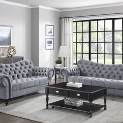 New Gray Velvet Sofa And Loveseat Set 