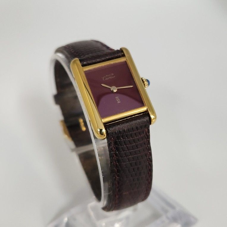 Vintage Cartier Paris Tank Vermeil Quartz Watch Burgundy Dial Swiss Made