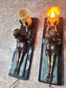 Pair Of Very Rare Vintage European Solid Bronze Lady Lamp on Marble Base - 15”x5” 7”H - With European Plug Adapter