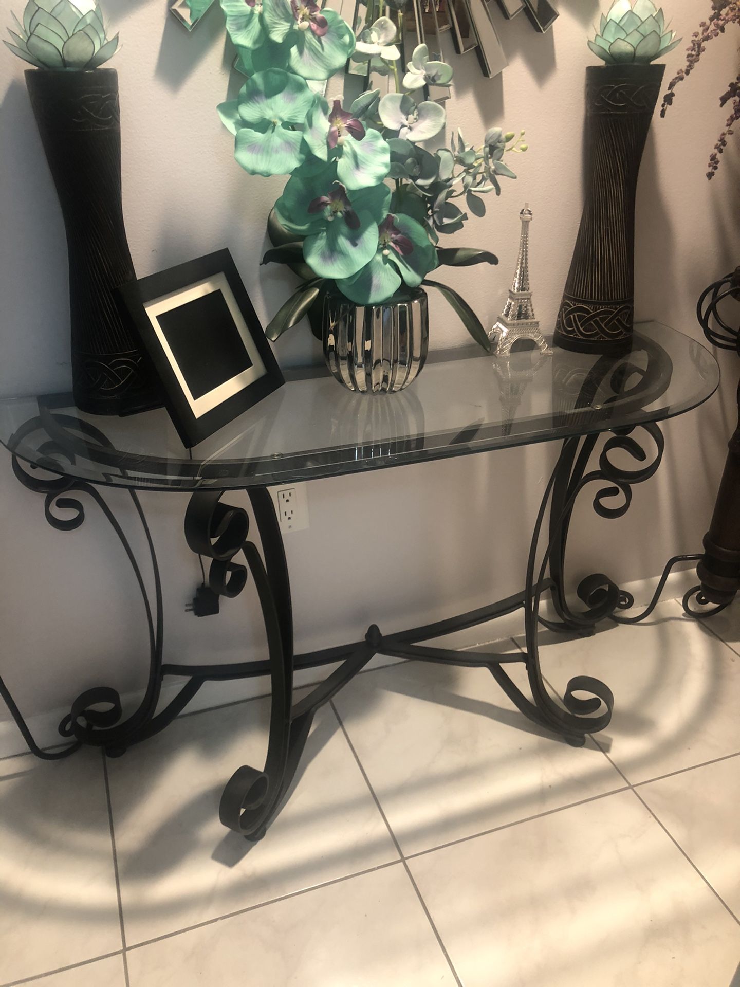 Console Table, beveled iron and glass base