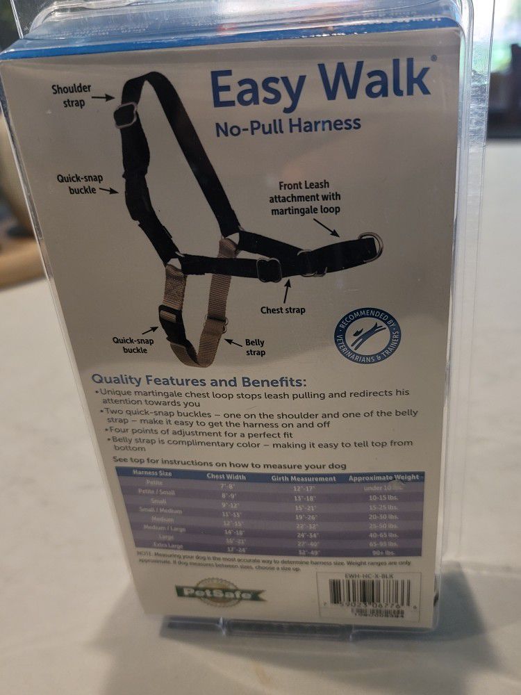 Pet Safe Easy Walk Harness X-large Black/Silver 34"-46" new