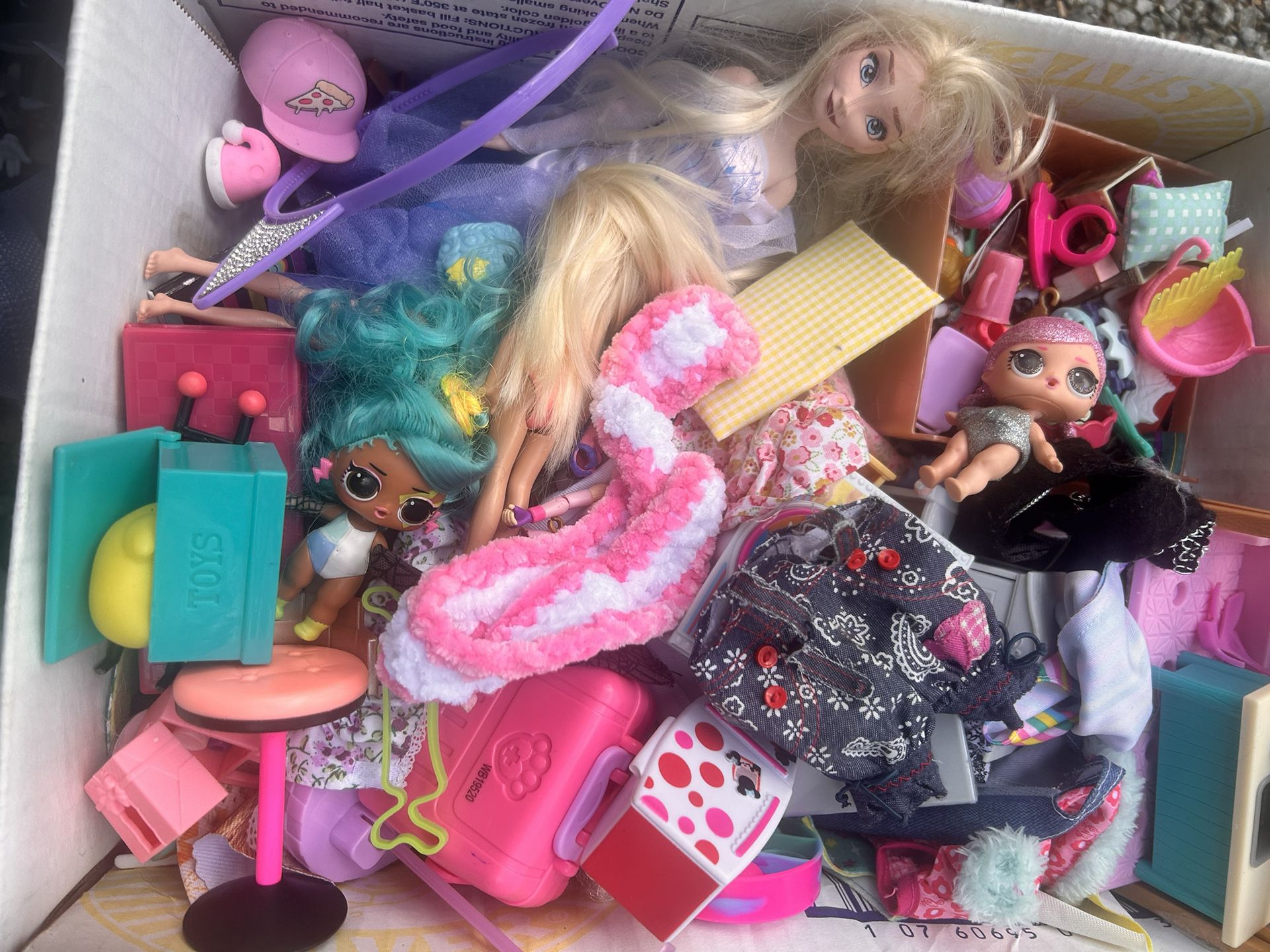 Box Of Barbies And Barbie Dream House Accessories 
