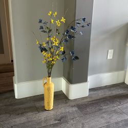 Yellow Vase With Floral Blue And Yellow 14 1/2 Inch Tall Vase 