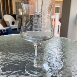 Pair of Mid Century Etched Schooner Sailboat Ship  Wine Glass 