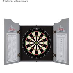Dart Board Cabinet Set - Coors Light Logo Dart Board with 6 Steel Tip Darts, Scoreboard, Hanging Wood Cupboard by Trademark Gameroom