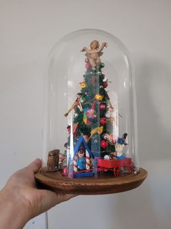 Vintage Miniature Christmas Tree Glass Cloche Display. Plastic dome with a wood base
