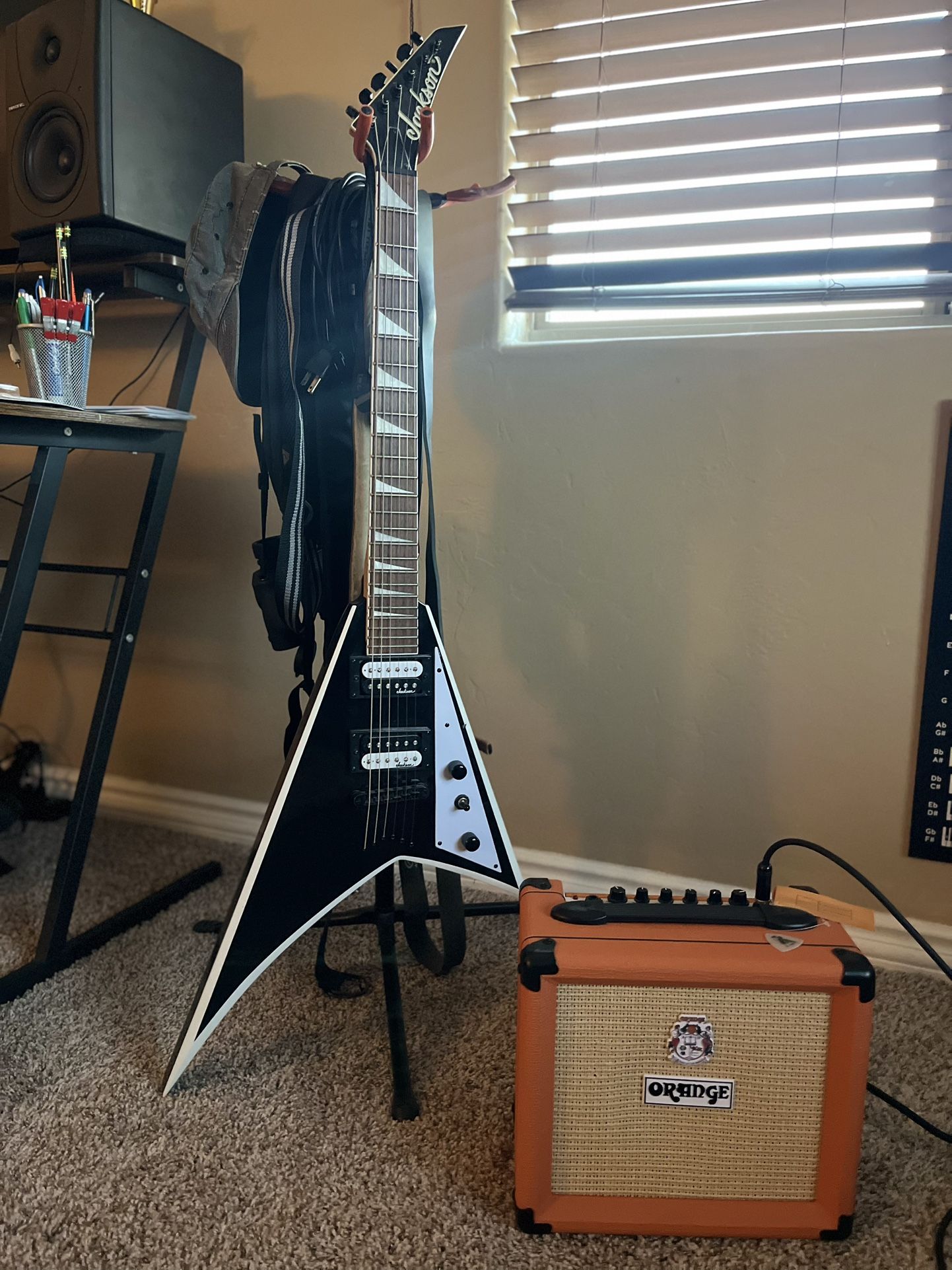 Jackson RR Tuxedo 6 String Electric Guitar & Orange practice Amp