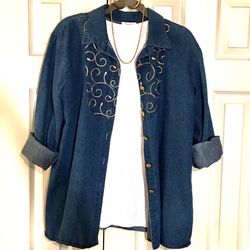 Gold Embellished Denim Button Down Top