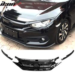 Fits 2016-2021 Honda Civic 10th Gen Mesh Front Bumper Hood Grille Grill Gloss Black