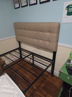 Full tan headboard amd metal frame amd mattress