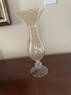 Hand Blown Amber (Murano? Venetian? Style) Glass Vase, Delicate, Swirled, Fancy Edge Vase  