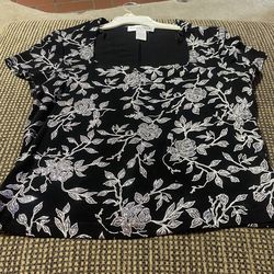 Vintage Black Short Sleeve Top with Silver Floral Pattern