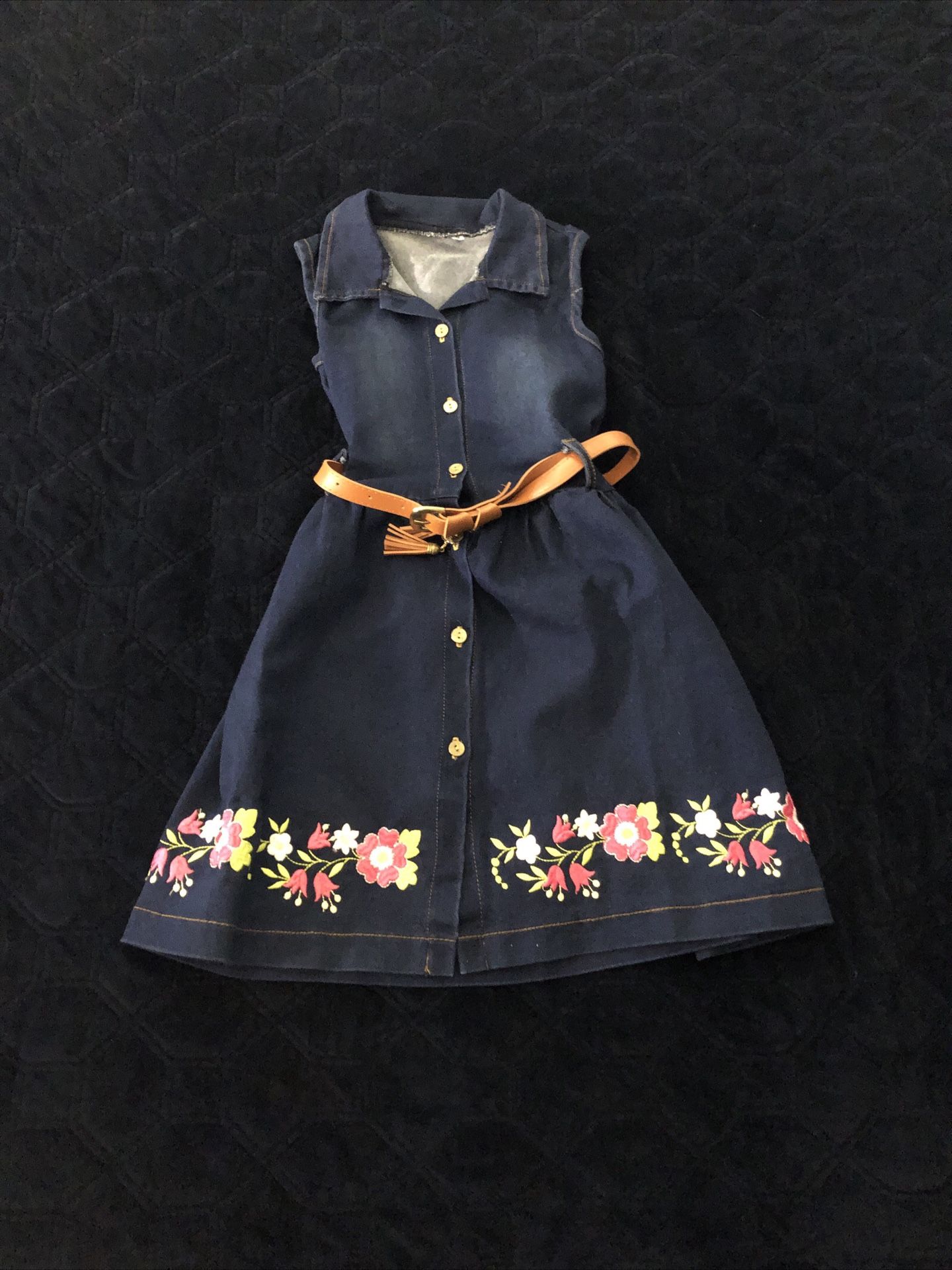 Girls Floral Jean Denim Dress Button Down Front size 6 with Belt