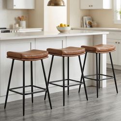 26" Saddle Bar Stools Set of 3, Counter Height, Brown Backless Design, Faux Leather Upholstery, Double-Layer Cushion, 350 LBS Capacity, For Small Kitc