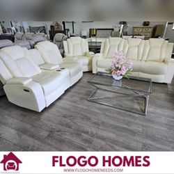 White Leather 2PC power Recliner sofa set Sofa and Loveseat with LED