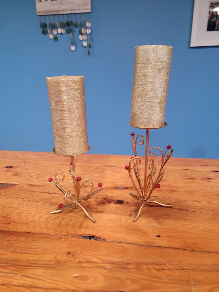 Gold Tone Metal Standing Candle Holders ~ Set Of 2 With New Gold Glitter Candles