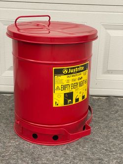 Justrite 10 Gallon Red Oily Waste Can With Foot Lever Opening Device