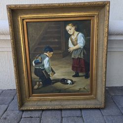 Antique Oil Painting Children And Kitten
