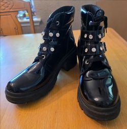 Black Patent Leather Buckle and Rhinestone Crystal Combat Boots - Size 8?