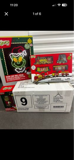 Dr. Seuss The Grinch Christmas Decor Bundle - Whimsical Tree, Grinch Express Train, Animated Climbing Grinch, and Neon Wall Decor