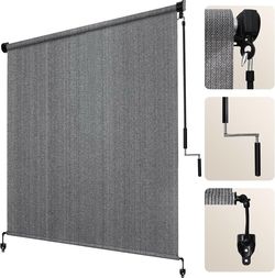 Outdoor Roller Shade 6' W x 8' H, Gray Exterior Cordless Patio Shades Roll Up Blinds with Spliced Pole Design, (2 Poles, One-Piece Fabric