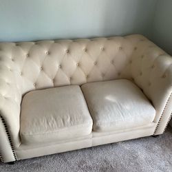 White Tufted Modern Loveseat w/ Down Cushions 