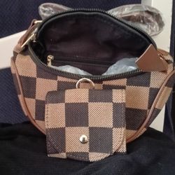 Brown Checkered Canvas Crossbody Bag With A Coin Purse
