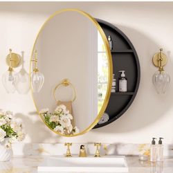 Gold Round Bathroom Medicine Cabinet with Mirror 24 x 24