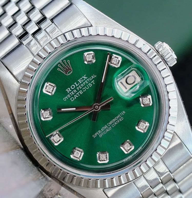 ROLEX MENS DATEJUST STAINLESS STEEL GREEN DIAMOND DIAL ENGINE TURNED 36MM WATCH