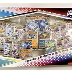 PRISMATIC EVOLUTIONS LUCARIO EX AND TYRANITAR SAM’S CLUB PREMIUM COLLECTION BOX X 2 ( NEW / SEALED )