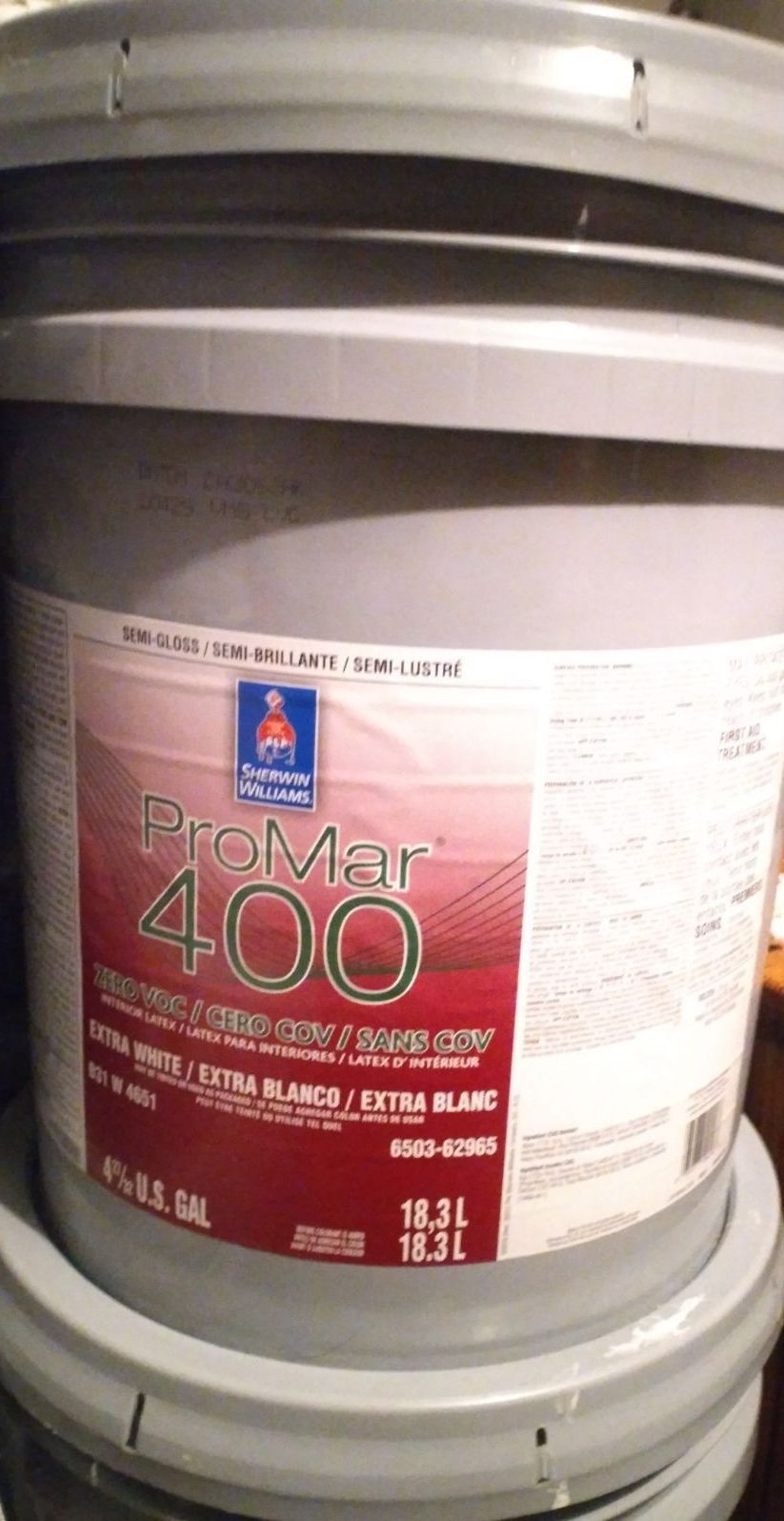 5 Gallon Sherwin Williams Promar 400 Semi-gloss - White Paint