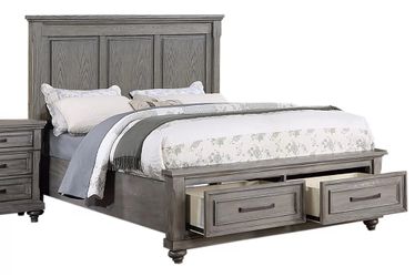 King grey platform bed with drawers and ortho mattress included