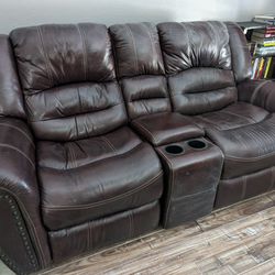 Dual Loveseat Leather Recliner With Center Console And Cup Holders