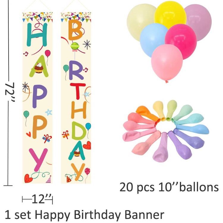 Large Happy Birthday Banner ,Colorful Porch Sign and Macaroon Balloons for Birthday Decorations