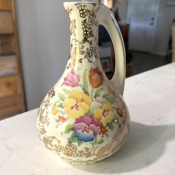 Vtg China Small Pitcher Vase Old English Sampler Embroidered Flower Pattern- Made in England